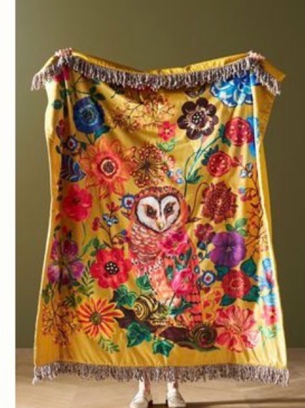 Anthropologie Mustard Yellow Floral Owl Throw